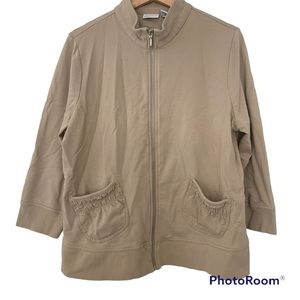 Zenergy Chicos Zip Up Sweater Jacket Size 2 L Tan Plackets 3/4 Sleeve Comfort